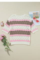 Brown Stripe Color Block Hollow Crochet Sweater