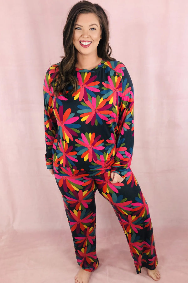 Black Plus Size Floral Printed Long Sleeve and Pants Loungewear Set