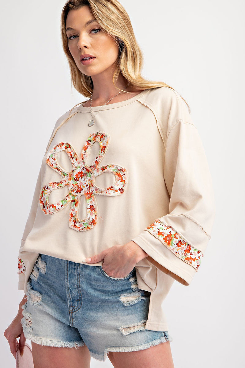 Beige Flower Exposed Seam Patchwork Loose Top