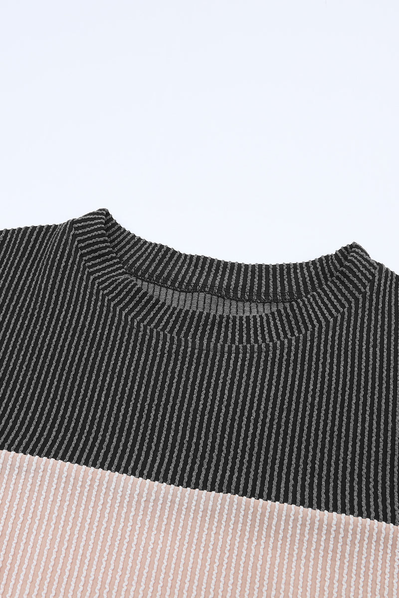 Black Color Block Corduroy Long Sleeve Top