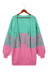 Rose Pompom Color Block Knit Open Front Cardigan