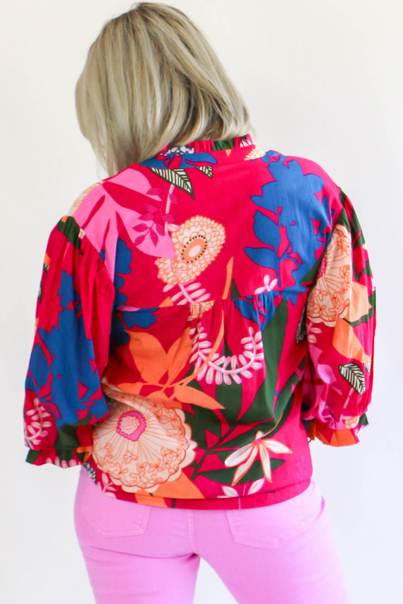 Rose Bohemian Floral Print Frill Neck Puff Sleeve Blouse