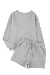 White Textured Long Sleeve Top & Drawstring Shorts Set