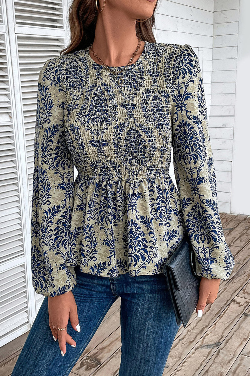 Sky Blue Ethnic Print Balloon Sleeve Smocked Peplum Blouse