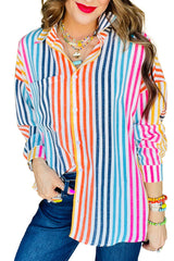 Colorful Striped Patch Pocket Long Sleeve Shirt