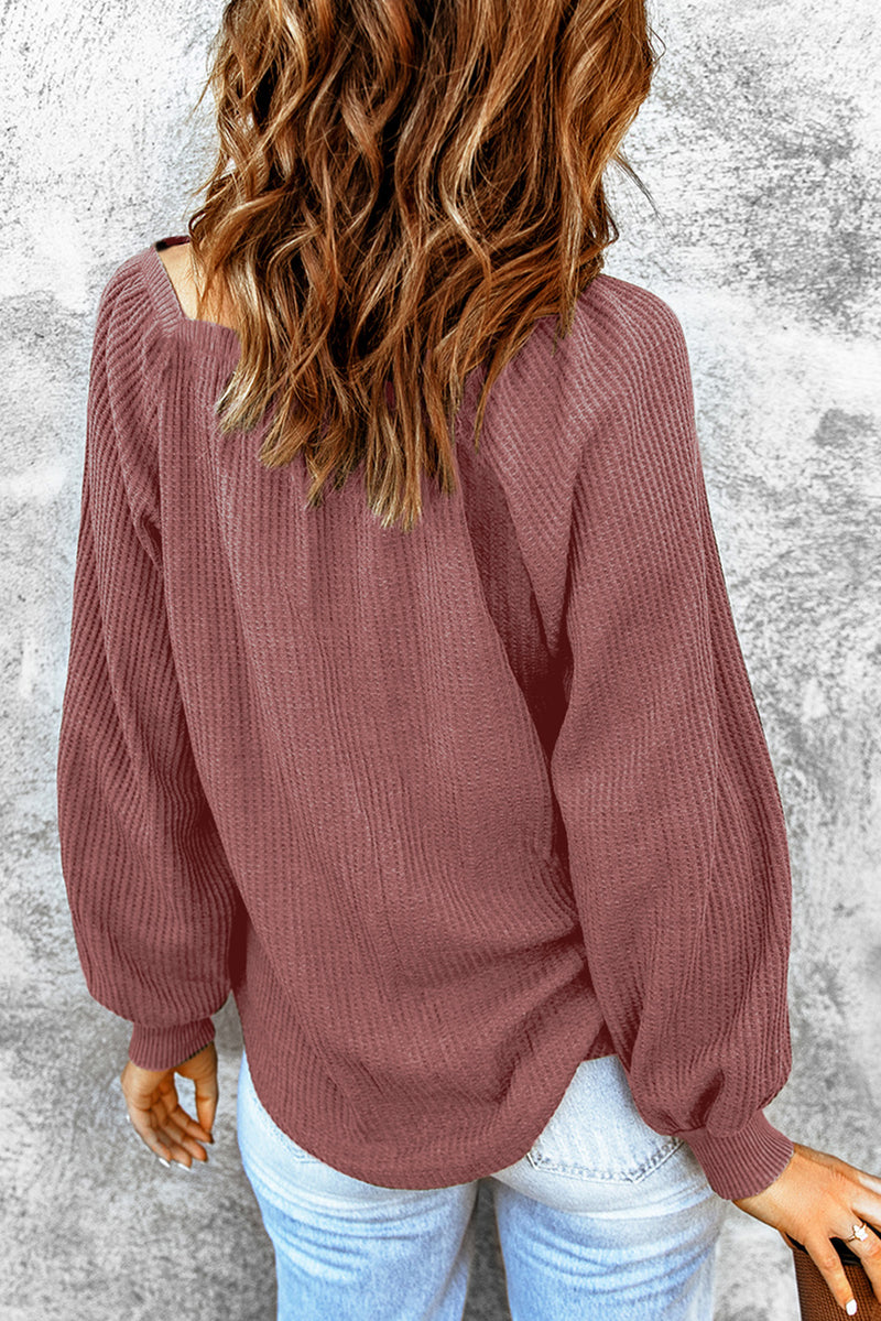 Brown Waffle Texture Casual Square Neck Pullover Top