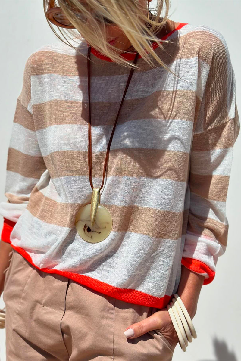 Apricot Colorblock Striped Round Neck Drop Shoulder Sweater