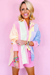 Pink Stripe Color Block Buttoned Oversized Shirt