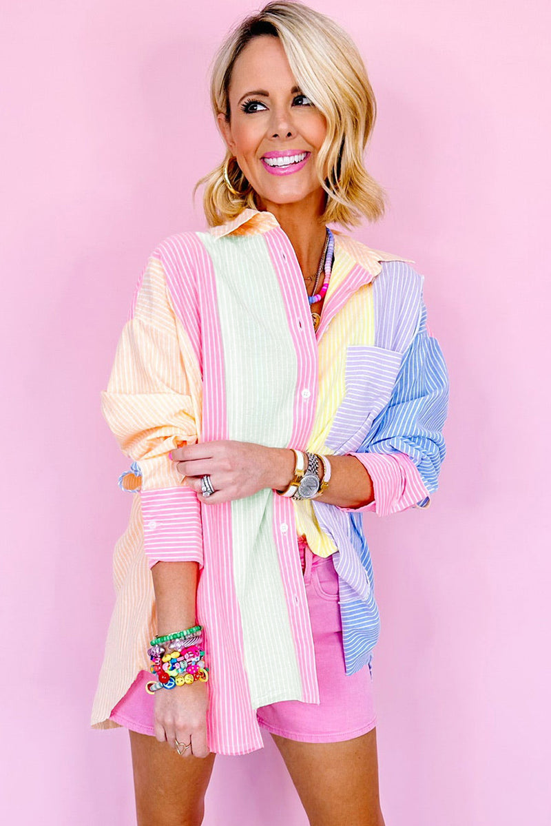 Pink Stripe Color Block Buttoned Oversized Shirt