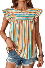 Multicolour Striped Ruffle Sleeve Round Neck Blouse