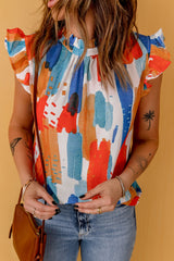 Multicolor Abstract Print Ruffled Sleeveless Blouse for Women