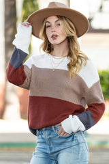 Red Color Block Casual Knit Pullover Sweater