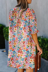 Multicolor Floral Print Split V Neck Half Sleeve Casual Tunic Dress