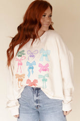 White Bowknot Edgeless Design Loose Drop Sleeve Sweatshirt