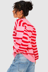 Pink Striped Crewneck Drop Sleeve Knit Sweater