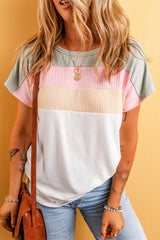 White Ribbed Color Block Patchwork T shirt