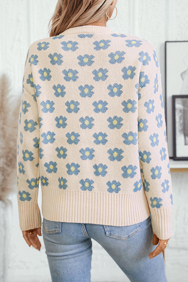 Jet Stream Cute Flower V-neck Knitted Sweater