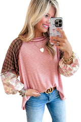 Fushia Floral Plaid Mixed Print Patchwork Raglan Ribbed Top