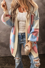 Orange Checkered Drop Shoulder Exposed Seam Open Front Cardigan