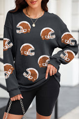 Black Sequin Rugby Helmet Patched Pattern Corded Sweatshirt