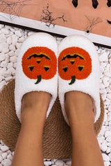 White Halloween Pumpkin Print Plush Slippers