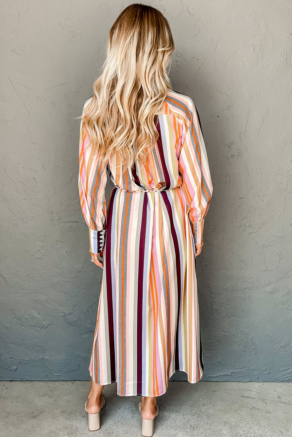 White Colorful Striped Cuffed Sleeve Tassel Tie Maxi Dress