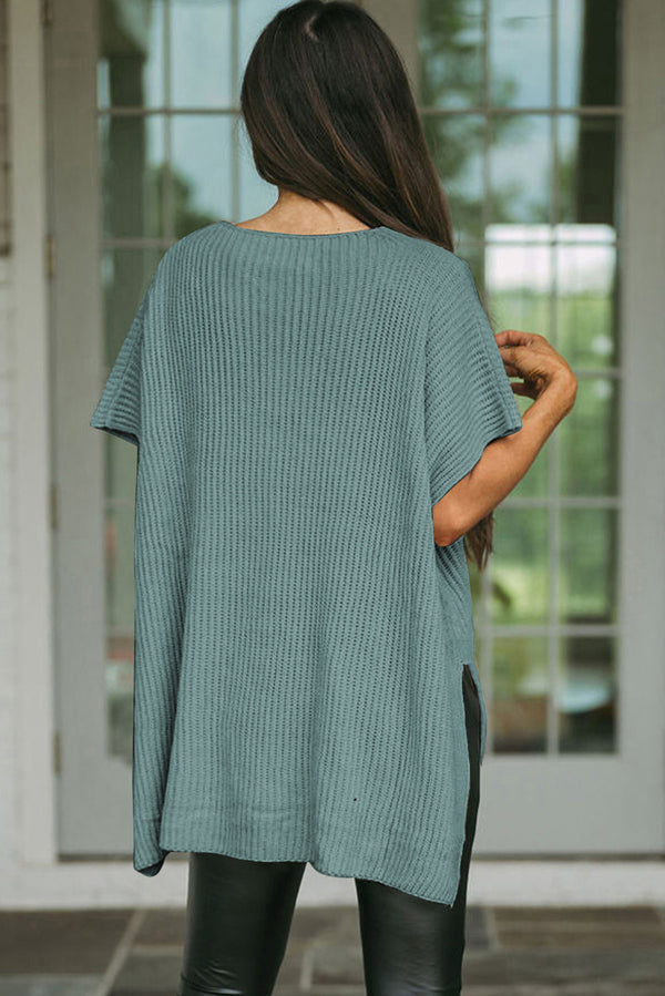 Haze Blue Side Slit Short Sleeve Oversized Sweater