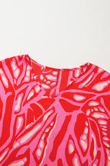 Red Abstract Print V Neck Batwing Sleeve Oversized Blouse