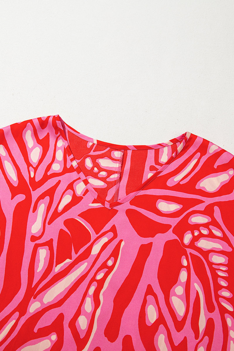 Red Abstract Print V Neck Batwing Sleeve Oversized Blouse