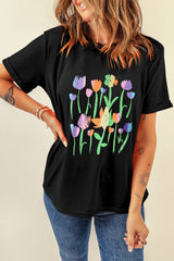 Black Floral Graphic Crewneck Drop Sleeve T Shirt
