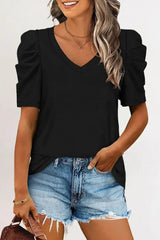 Green Solid Puff Sleeve Casual V Neck T-Shirt