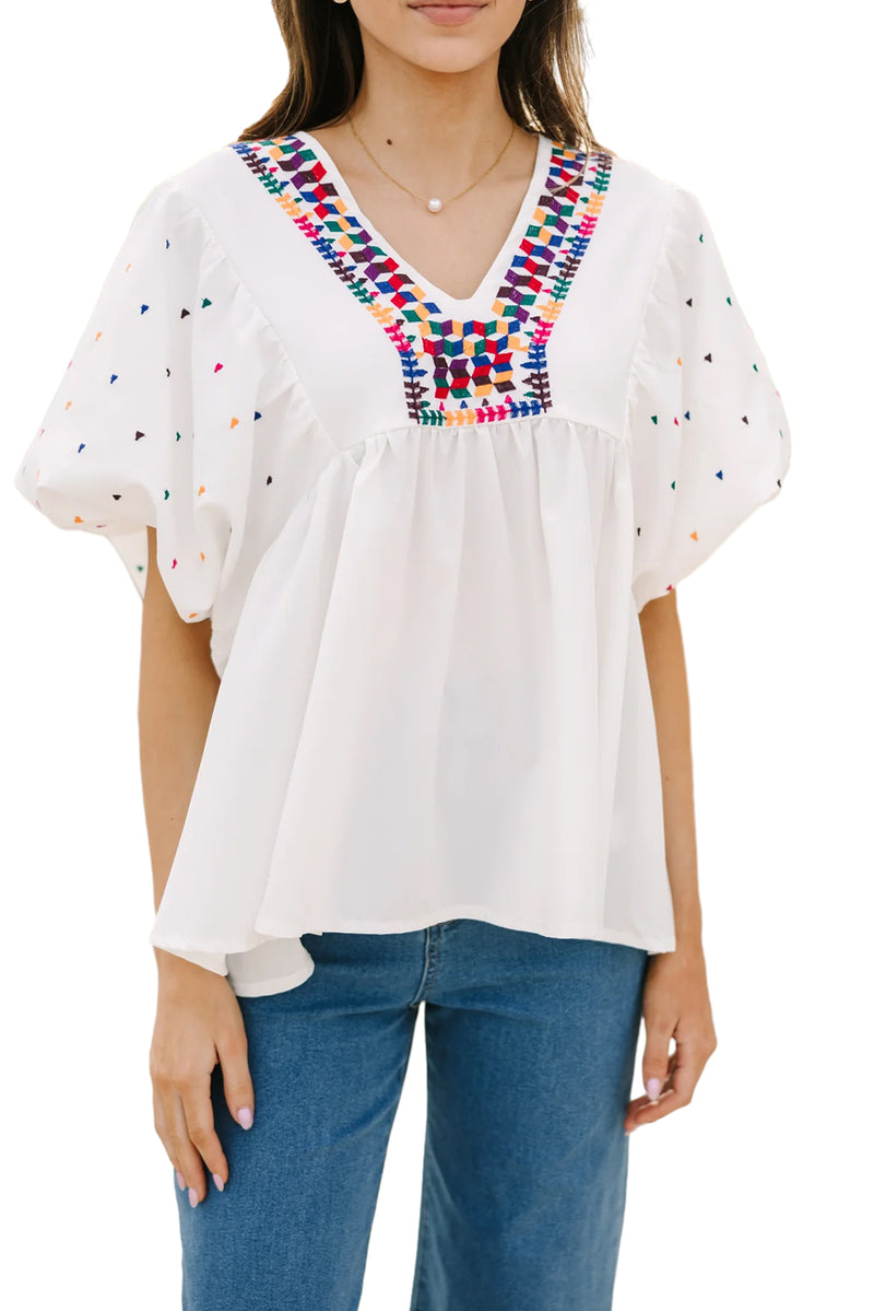 White Colorful Geometric Print V Neck Babydoll Blouse