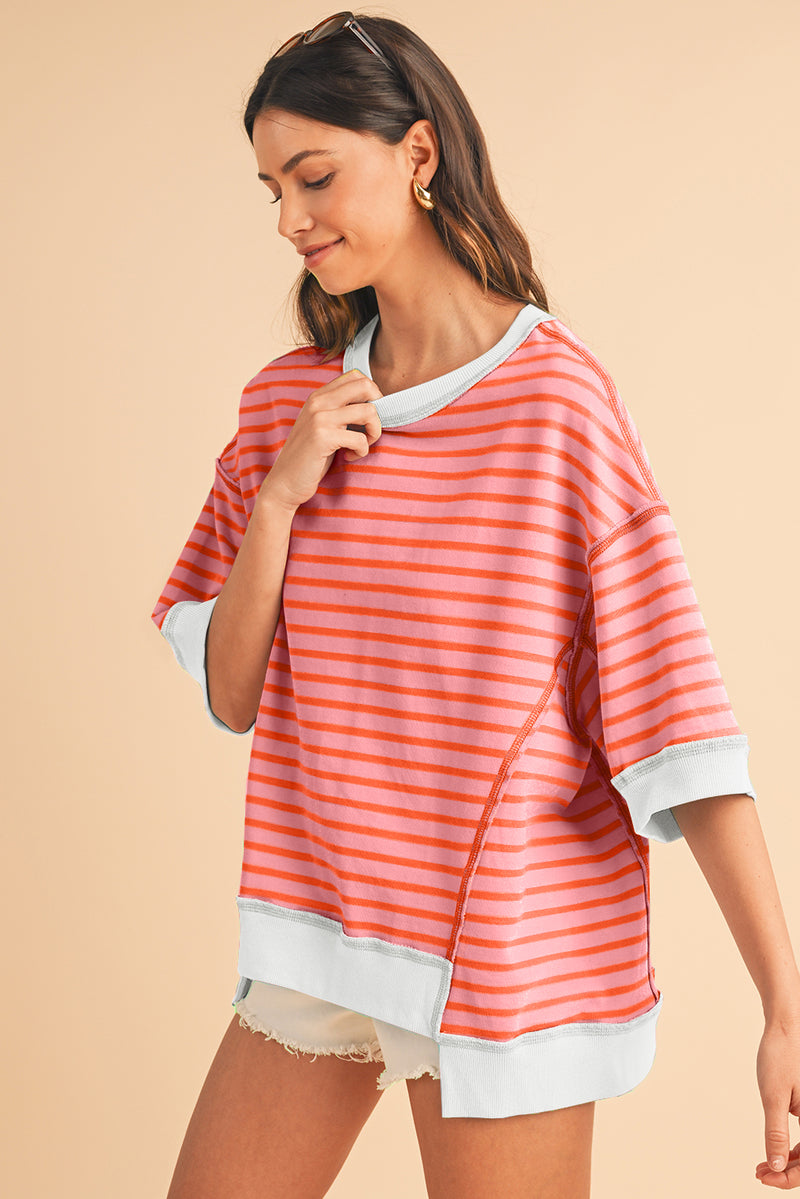 Multicolour Stripe Contrast Trim Drop Sleeve Loose Top