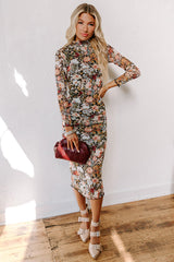 Brown Floral Allover Print Mock Neck Bodycon Midi Dress