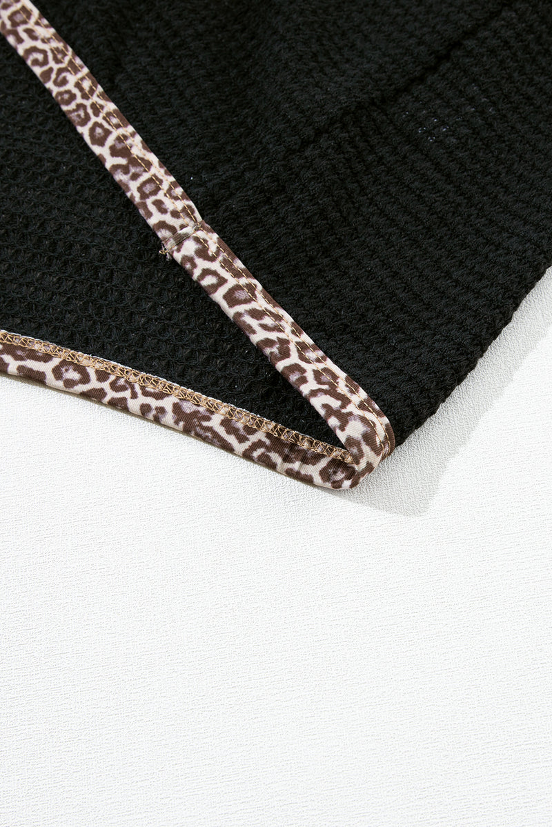 Black Waffle Knit Leopard Contrast Open Front Cardigan