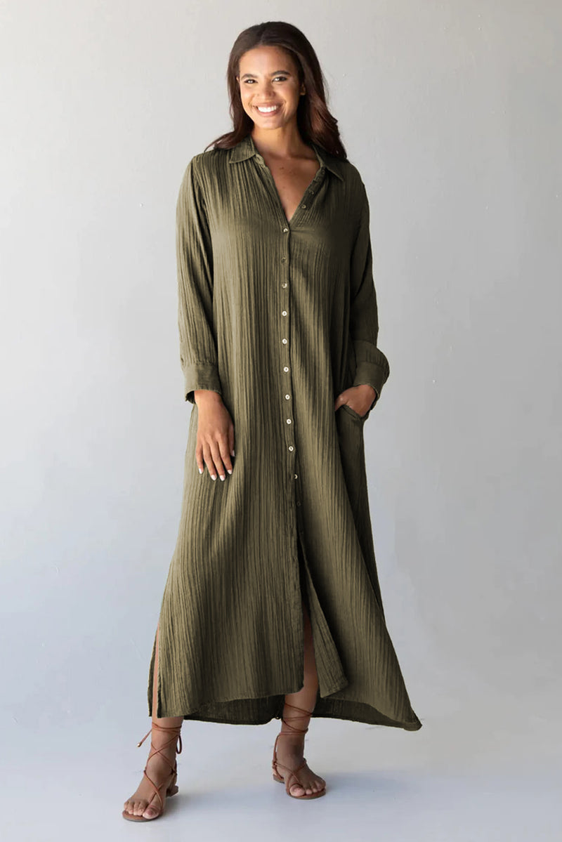 Green Crinkled Pocketed Side Slits Loose Maxi Dress