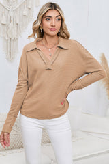 Brown V Neck Collared  Retro Waffle Long Sleeve Top