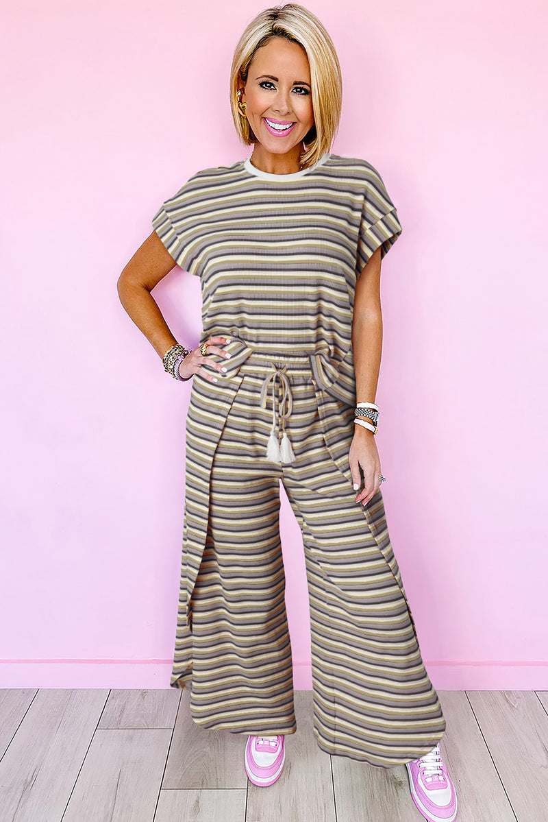 Yellow Stripe Rainbow Tee and Tassel Drawstring Wide Leg Pants Set