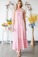 Pink Abstract Sleeveless V Neck Summer Tiered Dress