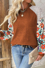 Laurel Green Floral Patchwork Raglan Sleeve Ribbed Blouse