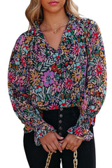 Multicolor Floral Boho Tie V Neck Peasant Blouse