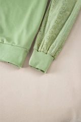 Mist Green Eyelet Embroidered Sleeve Patchwork Ribbed Sweatshirt