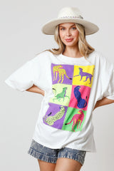 White Rhinestone Color Block Cheetah Print Round Neck T Shirt