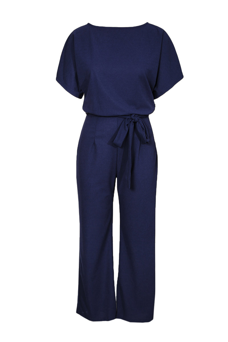 Dark Blue Solid Color Casual Belted Wide Leg Jumpsuit