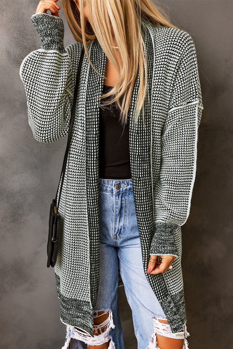 Black Plaid Casual Contrast Trim Knit Cardigan