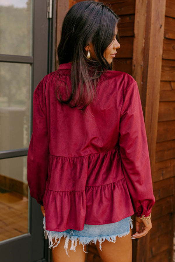 Burgundy Smocked Ruffle Tiered Button-up Shirt