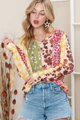 Multicolor Floral and Leopard Print Long Sleeve T Shirt