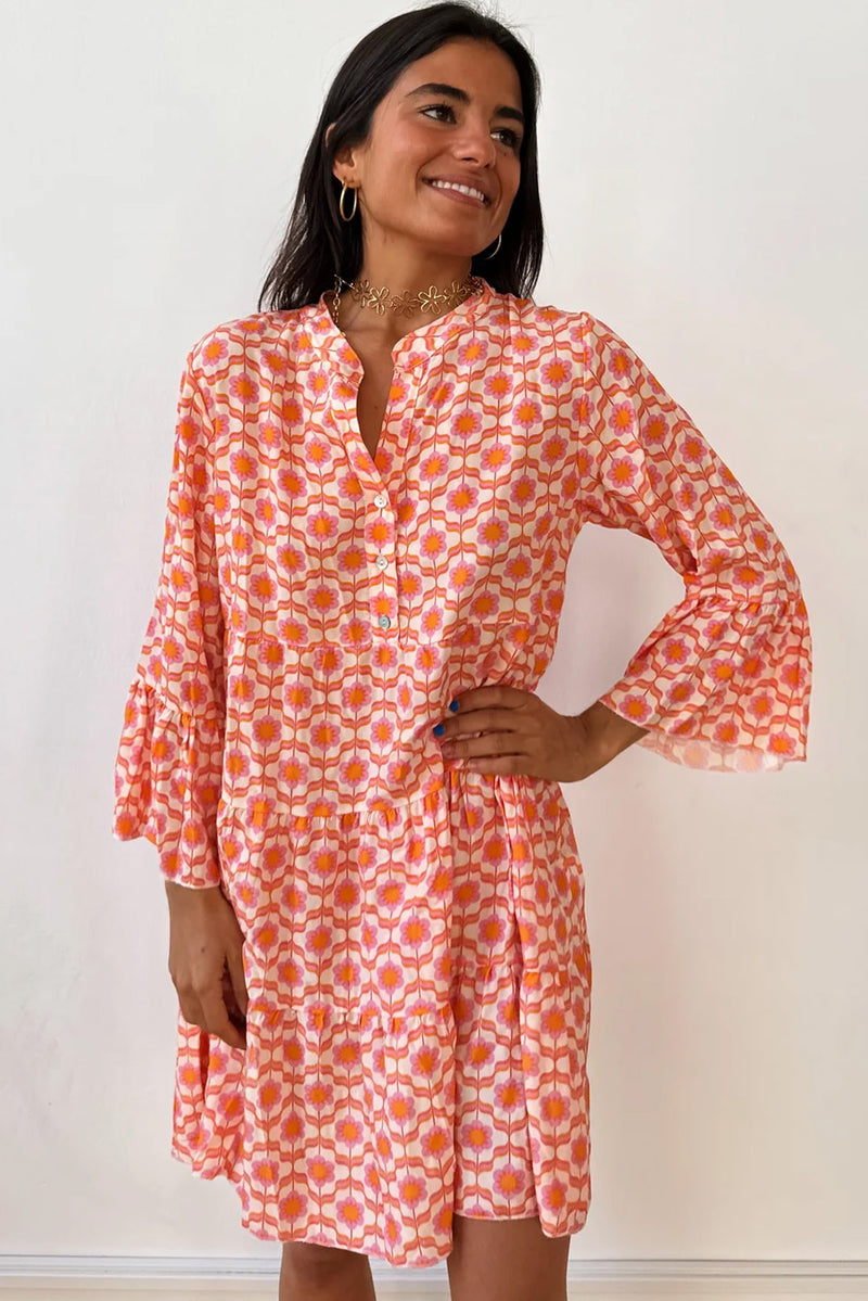 Orange Floral Button V Neck Bell Sleeve Mini Dress