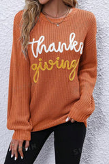 Red Sandalwood Thanksgiving Letter Graphic Crew Neck Sweater