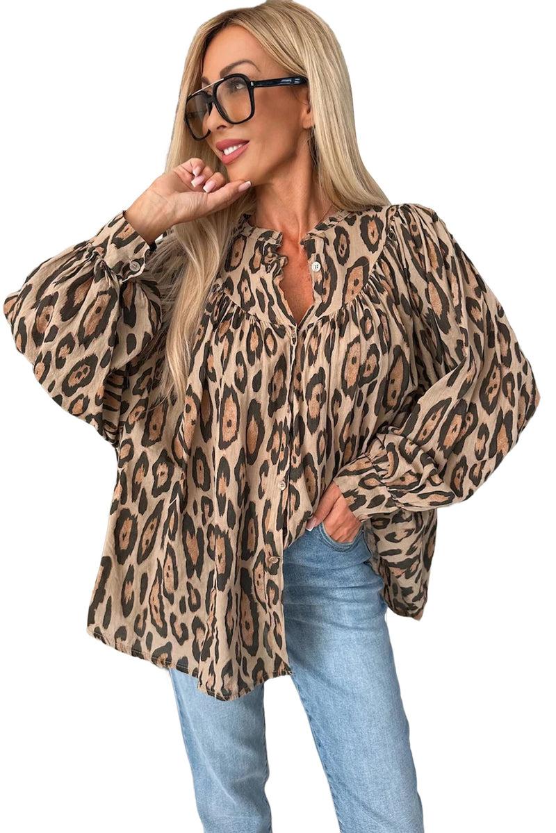 Light Beige Leopard Print Balloon Sleeve Loose Blouse